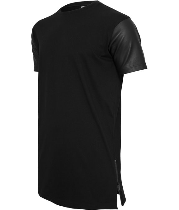 Long Zipped Leather Imitation Sleeve Tee black-black 2